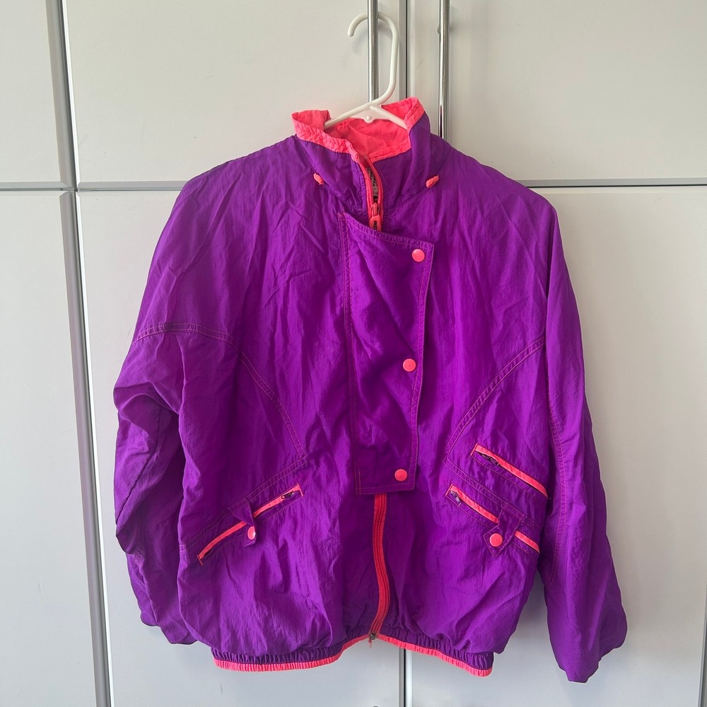 Vintage Insport Womens Purple Neon Pink Nylon Windbreaker Jacket Retro 80s 90s M